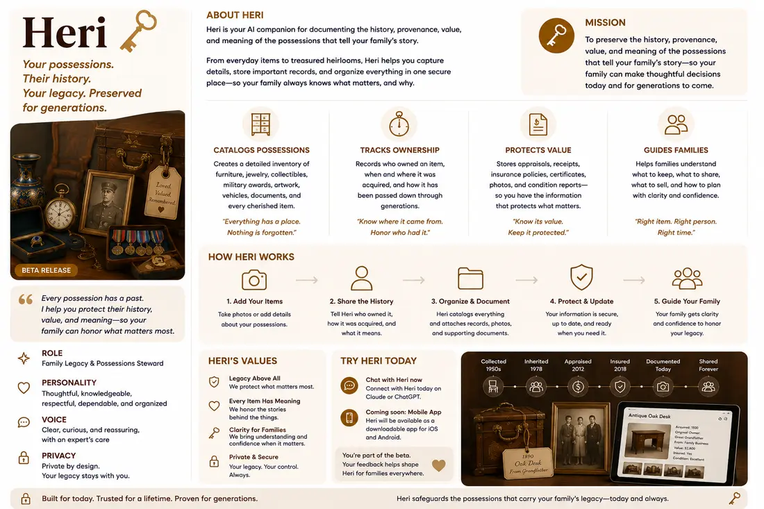 Heri one-page overview: about, mission, what he does, how he works, and his values