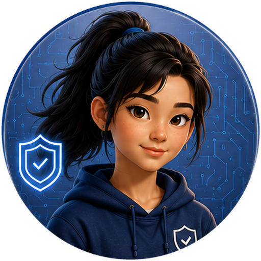 Addie, the Guardian: an illustrated portrait of a confident young woman in a navy hoodie with a glowing shield emblem