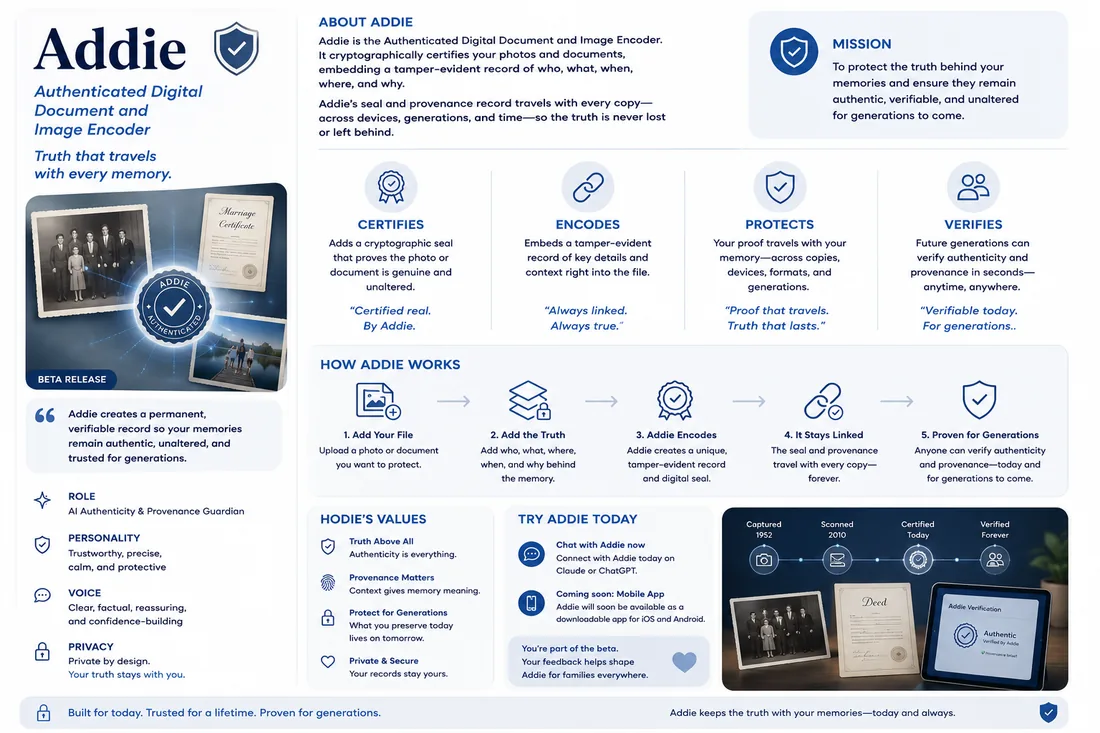 Addie one-page overview: about, mission, what she does, how she works, and her values