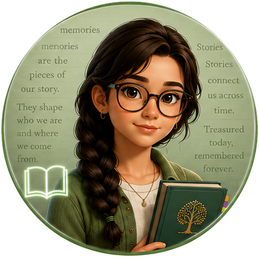 Capsa, the Curator: an illustrated portrait of a thoughtful young woman with glasses holding a family album