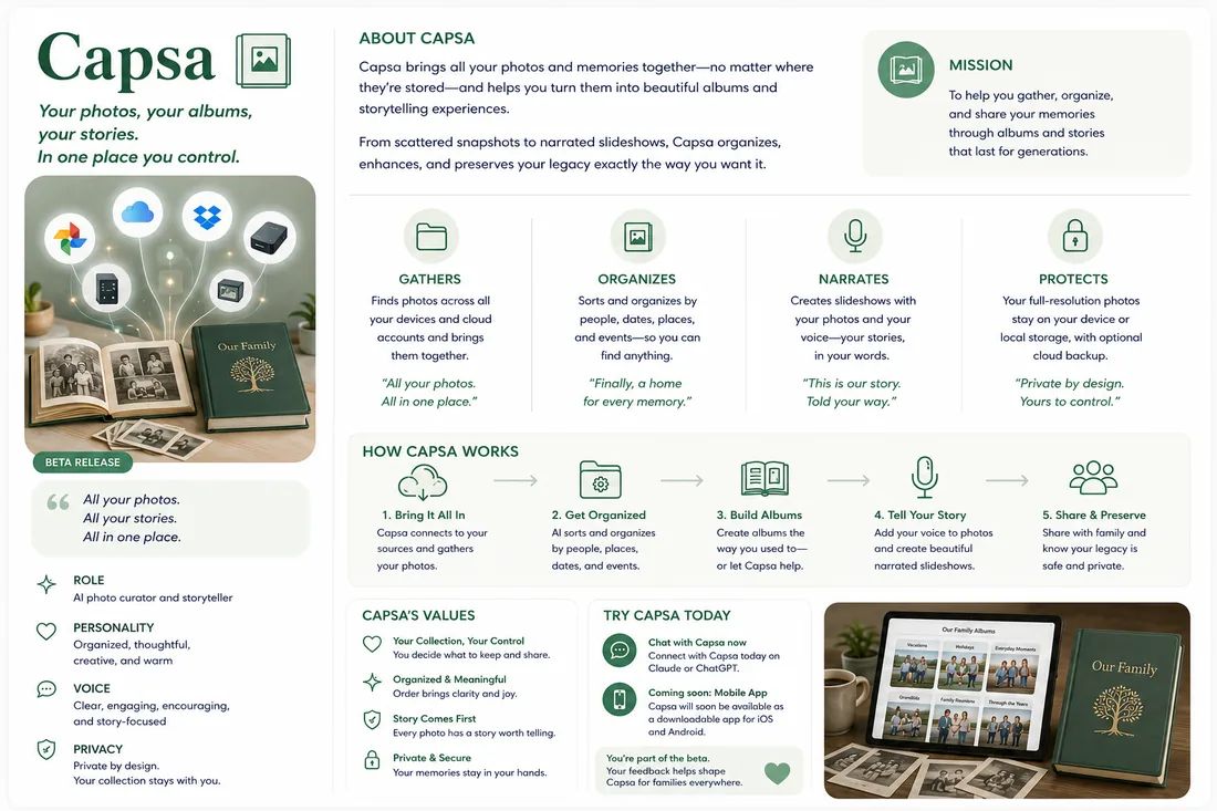 Capsa one-page overview: about, mission, what she does, how she works, and her values