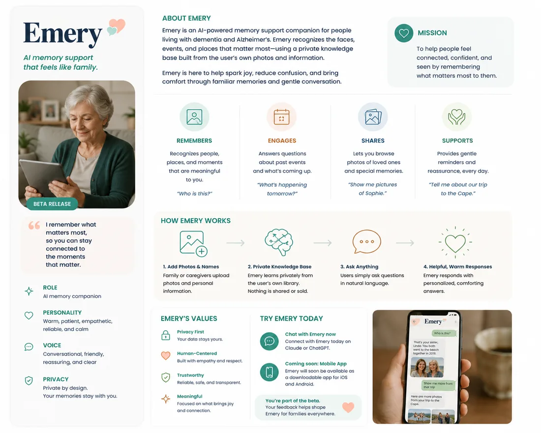 Emery one-page overview: about, mission, what she does, how she works, and her values