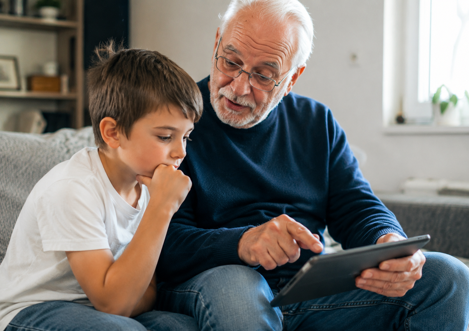 Grandfather and grandson sharing stories