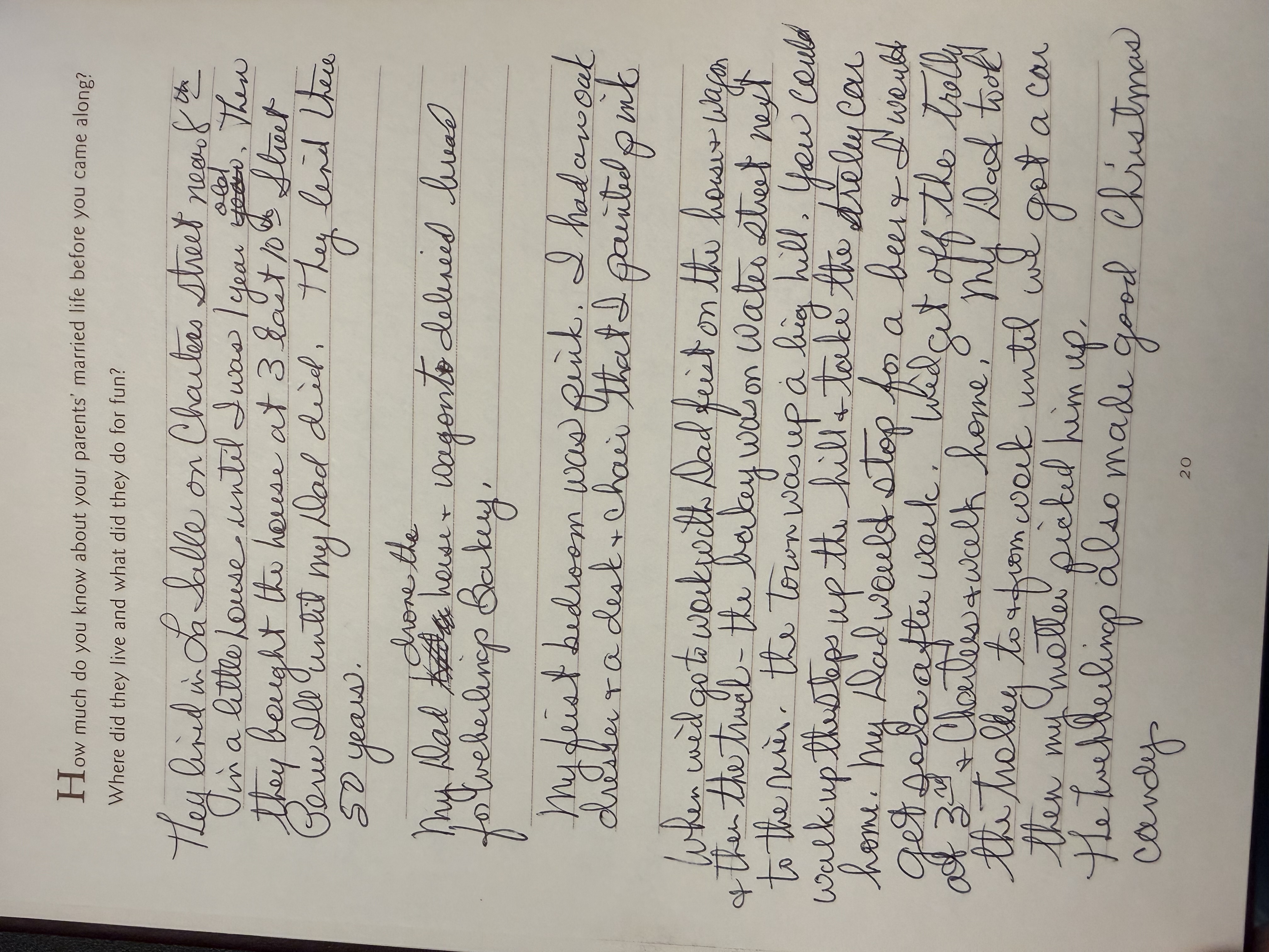 A page from Greg's grandmother's memory book, in her own handwriting, describing where her parents lived and what they did for fun
