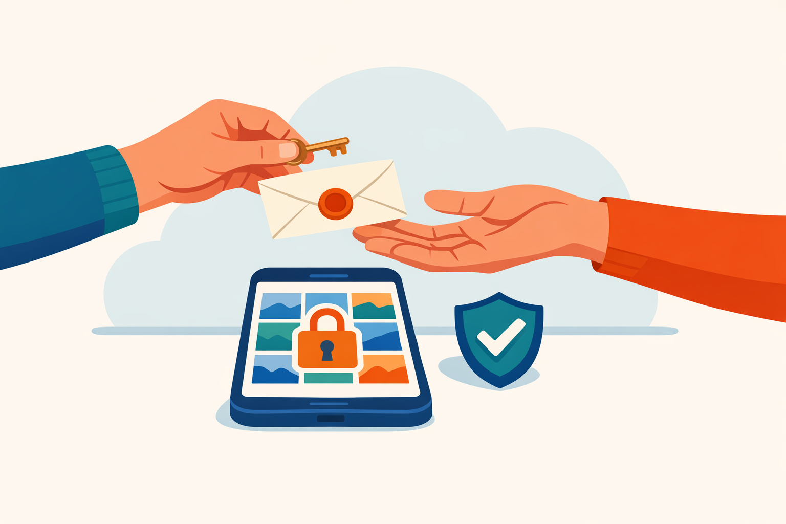 Illustration of one person handing a key and a sealed card to another, beside a phone showing a photo grid with a padlock, a cloud, and a shield with a check mark.