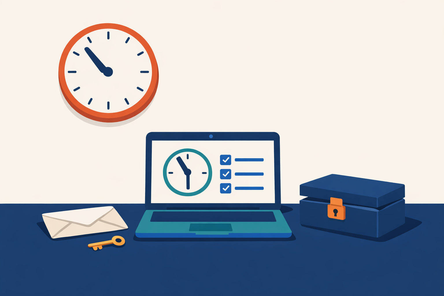Illustration of a desk with a laptop showing a clock and a checklist, a wall clock, a sealed envelope, a key, and a locked box, representing an account that waits a set period before anything is shared.