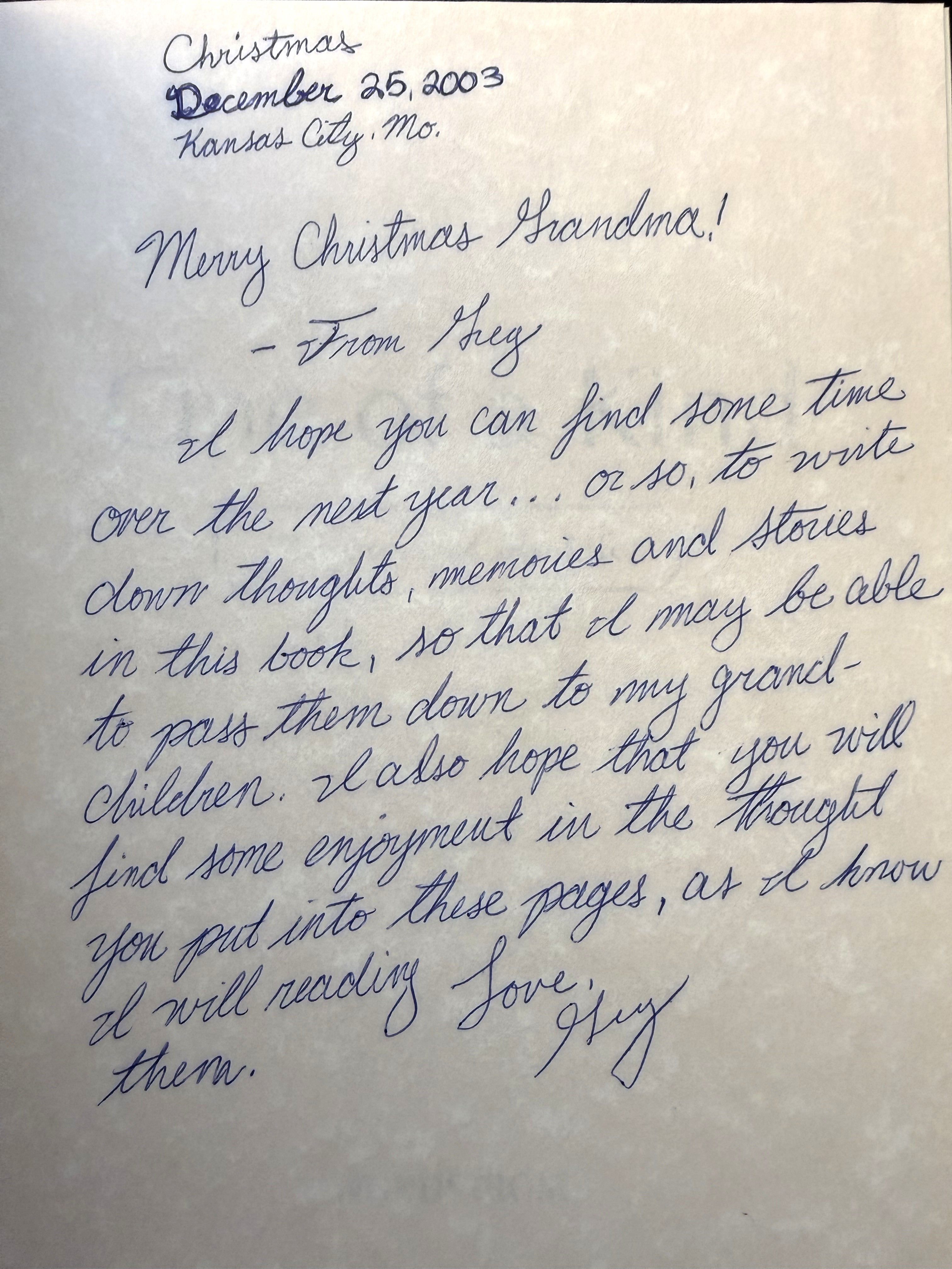 Greg's handwritten note to his grandmother inside the front cover of her memory book, dated Christmas, December 25, 2003, Kansas City, Missouri