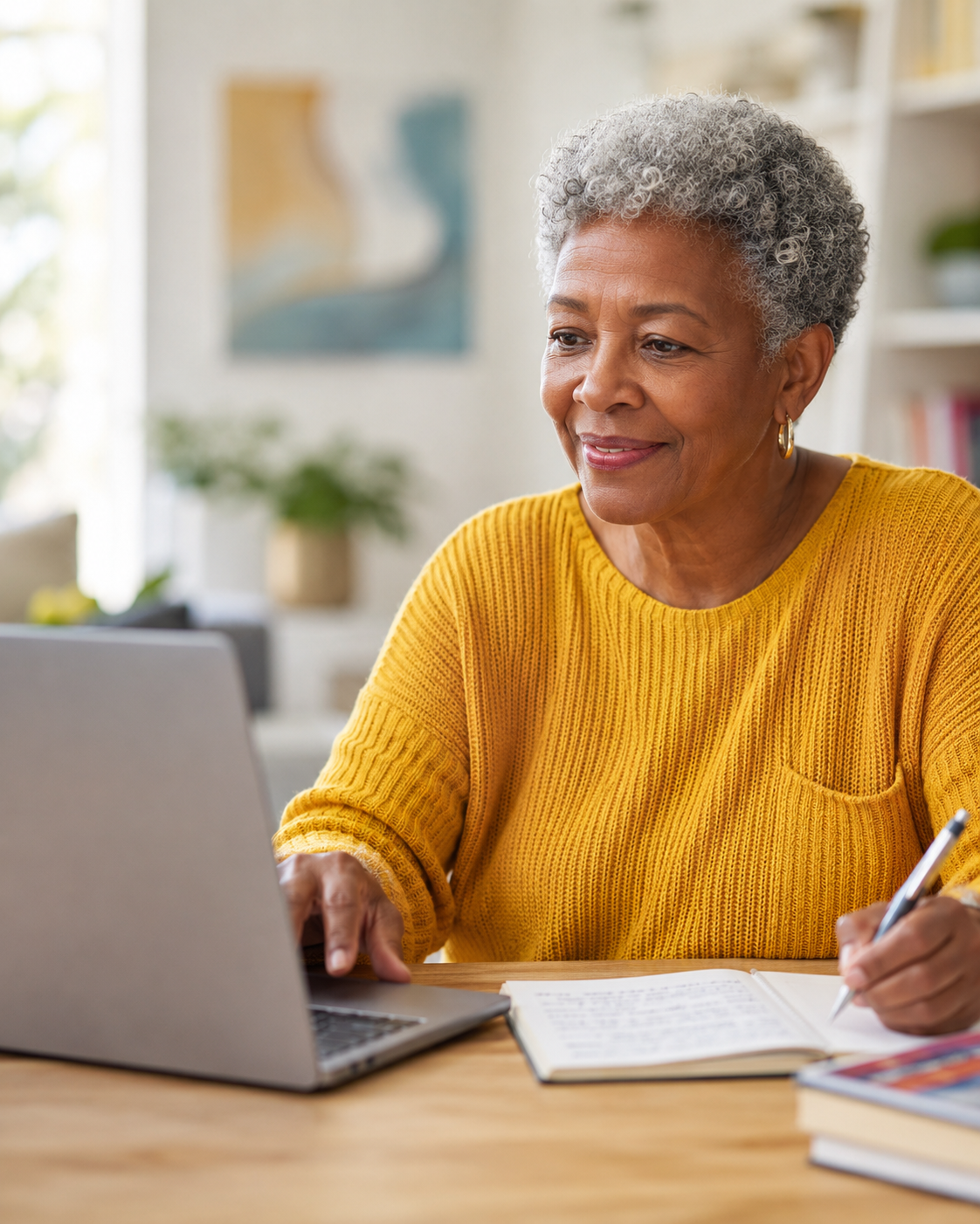 Older woman taking notes while learning on a laptop