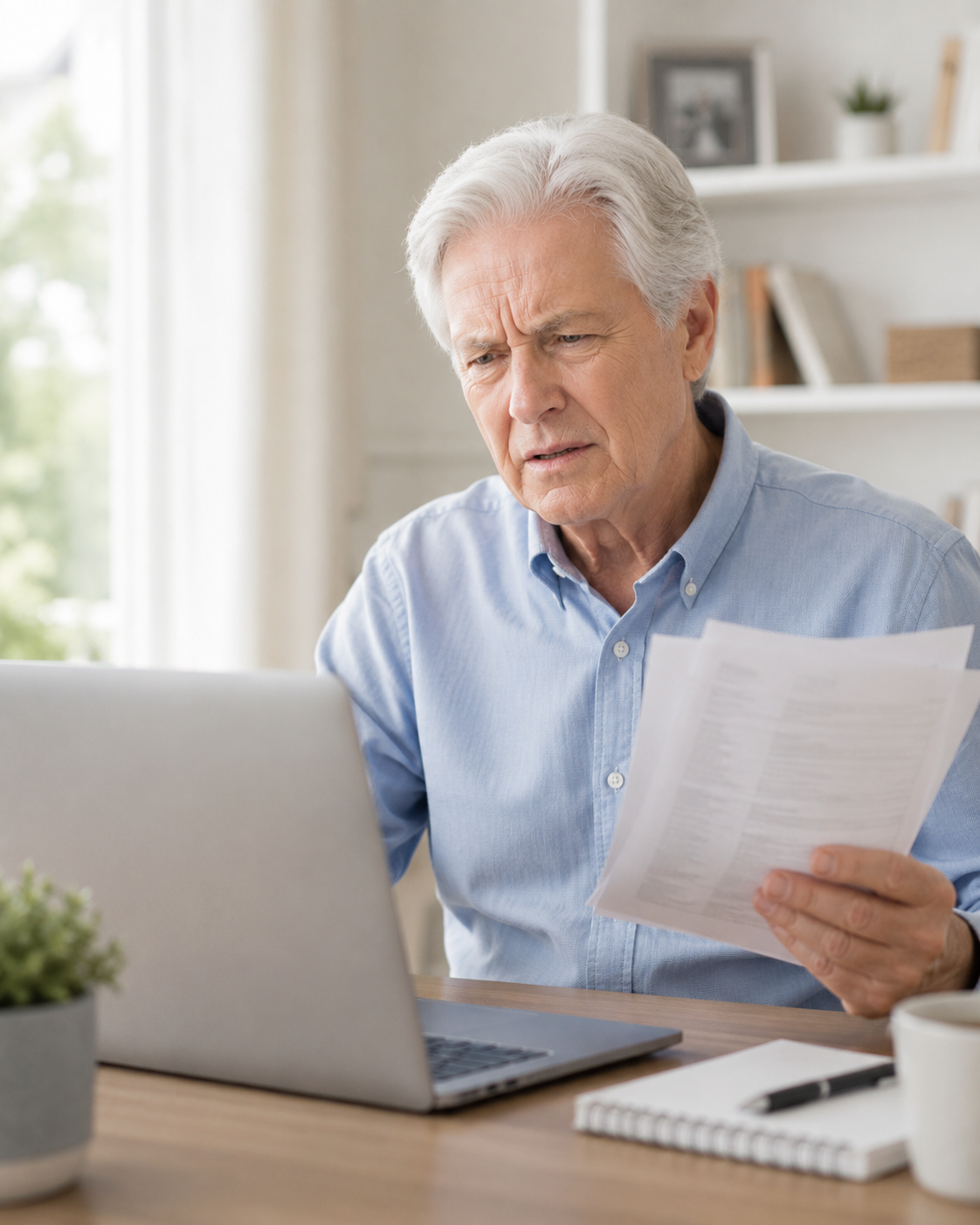 Older man reviewing a document beside a laptop